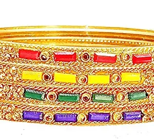 Generic Oneness Beautiful Design Golden Stones Studded Multi Colour Glass Bangles/Kada Set (Blue/Yellow/Green/Red) Diwali - Karwachauth Special - (Set of 4)_Multi_2.2