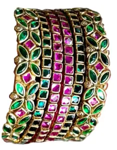 Blue jays hub Silk Thread Bangles New kundan Style Green And Pink color Set Of 6 for Women/Girls (2-6)