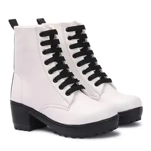 STRASSE PARIS Stylish white preppy style boots for women, Lace-up Fashion boots with thick high-heeled boots and solid color design