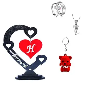 4-Piece Love Collection Gift Set, Heart Stand with Rings, Pendant and Teddy Keychain, Black and Red, 12 cm