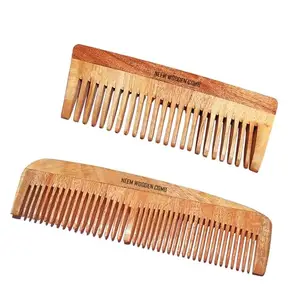 BlackBoss Handmade Wooden Combs Big Size Kacchi Neem Wood Comb Set - Neem Comb Combo For Men & Women Hair Growth - Pack of 2 - Anti Dandruff, Detangling Hair Fall Control Kanghi Fine Dual Tooth & Wide Tooth