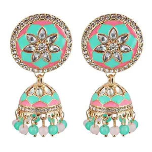 LUCKY JEWELLERY Designer 18k Gold Plated Pink And Mint Color Meenakari With Stone Tops Jhumki Earring For Girls & Women (325-CHJM1-1152-PKMNT)