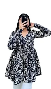 Women’s Floral Print Short Viscose Rayon Kurti for Girls | Regular Wear Flared Tunic Top 3/4 Sleeves V-Neck Top for Women | Short Kurtis for Women
