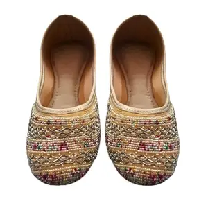 Traditional Beaded Khussa Flats, Handcrafted Ethnic Ballet Shoes, Gold Multi-Colour