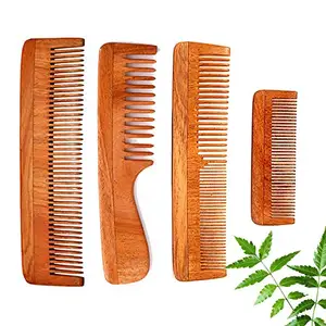 AMP CREATIONS Handmade Natural Pure Healthy Neem Wood Comb Wide Tooth for Hair Growth,Anti-Dandruff Comb For Women And Men - PACK OF 4