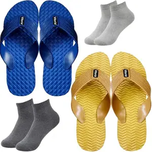 Vitoria Men Slippers | Soft Comfortable Stylish And Anti Skid Men's Flip-Flops & Slippers | Color : Multicolor | Size : 8, 2SLPWaveYlwBoltBluDrkGryLgtGryScks-8