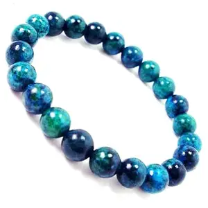 RRJEWELZ 8mm Natural Gemstone Azurite Chrysocolla Round shape Smooth cut beads 7 inch stretchable bracelet for women. | STBR_RR_W_02685