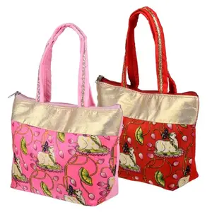 Kuber Industries Women's Hand Purse | Traditional Mini Hand Bag | Silk Wallet Hand Bag | Woman Tote Hand Bag | Gifts Hand Bag | Cow-Small Hand Purse | Pack of 2 | Multi