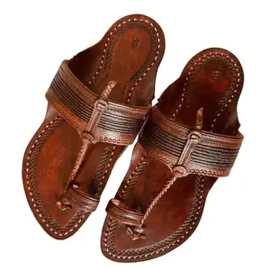 Khaal Karagiri Leather Kolhapuri Chappals for Men, Ethnic Slippers/Footwear, Stylish & Comfortable Handcrafted Chappals, Unique & Traditional Design With Anti SKid Sole (Size: UK 11)
