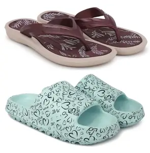 Pampy Angel Combo Pack of 2 Slipper/Flip Flops/Slides/Clogs/Sandals for Women,(V-Sflower-Maroon,YW-Love-Green),38 (Euro)