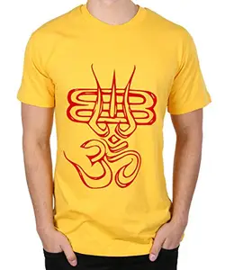Caseria Men's Round Neck Cotton Half Sleeved T-Shirt with Printed Graphics - Om Trishul (Yellow, XL)
