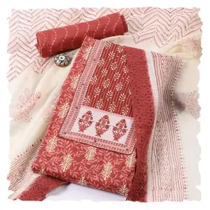 Meena Bazaar Women's Brick Cotton Unstitched Suit Set With Dupatta