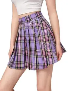 NEOPOL Girl High Waist Pleated Short Skater Tennis Mini Above Knee Skirt (XS) Purple