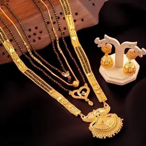 Black & Gold Alloy Mangalsutra Set for Women (Non-Adjustable, 5 Pices, 7q456u_Mangalsutra)