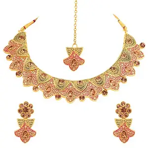 I Jewels Multicolour Gold Plated Handcrafted Meena Work Traditional Necklace Set with Earrings and Maang Tikka for Women