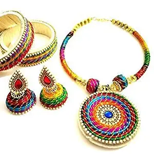 GOELX Colorful Pendant Choker Necklace with Bangles & Jhumki Earrings with FREE Elegant Jewellery Storage Pouches