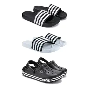 DRACKFOOT Lightweight Classic Slider || Sandals with Clogs for Men-Combo(3)_S-3024-3026-3014-10 Black