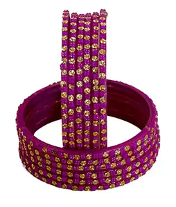 The Golden Cascade Rani/Magenta Color Glass Bangles with Stone Studded Pattern Design Chudi Set for Women & Girls/NVLI (Rani, Small 2-4)