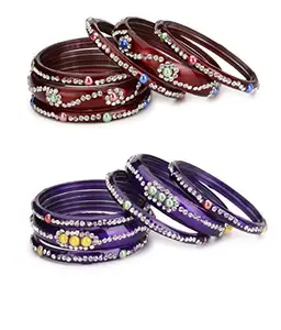 Combo Party & Festivle Designer Ornamented With Colorful Beads And Figures Fancy Matching Glass Bangles & Kada Set Of Six Each With Safety Box (Size 2.8 IN) (BN_2.2-16.d_bang)