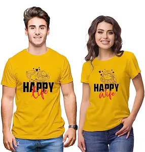 Hangout Hub HH108 Men's & Women's Regular Fit T-Shirt Happy Life Happy Wife Printed(Yellow;Men S;Women M)-Set of 2-Couple T-Shirts