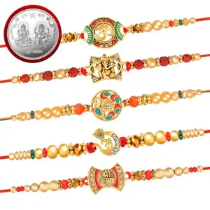De Marquis 5 Designer Rakhi + 1 Pooja Coin Gift Set for Brother, Mauli Thread Rakhi, Chawal Roli Pack, Greeting Card Set (5 Multicolor RAKHI set in different design with Roli and chawal)