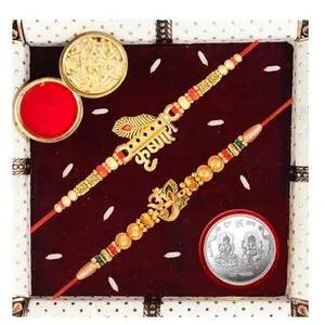 De Marquis Send Rakhi Set for Brother | 2 Rakhi + 1 Coin | Roli-Chawal pack | Greeting Card | Rakhee Gift | Rakshasutra | Happy Rakshabandhan