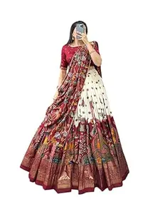 Women's Trending Pure Dolla silk Lehenga Choli Print with Foil Work With Unstitched Blouse Patola Print Adorned with Foil Work For Any Occasion