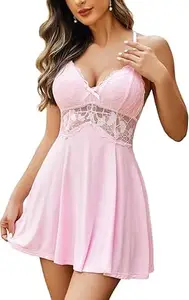Sonalvu Women Lace Babydoll Night Dress | Sexy Sleeveless Lingerie Nightwear with Floral Lace | Soft & Breathable | Adjustable Straps | Available in Black, Maroon & Pink
