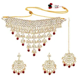 Peora Traditional Maroon Kundan Choker Necklace Set with Earring Maang Tikka for Women Jewellery Set