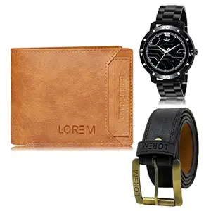 LOREM Mens Combo of Watch with Artificial Leather Wallet & Belt FZ-LR113-WL06-BL01