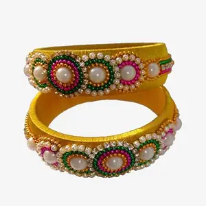 HARSHAS INDIA CRAFT Silk Thread Bangles With Kundan Stones Chuda Bangle Set For Womnes and girls (Yellow-1) (Size-2/0)