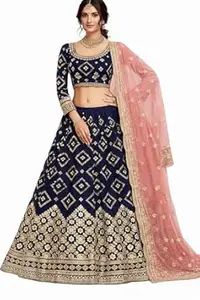MrigMoVin Women’s Semi-Stitched Lehenga Choli Dupatta Set | Unstitched Blouse with Net/Satin Dupatta | Festive, Wedding & Ethnic Wear Lehenga Set for Women