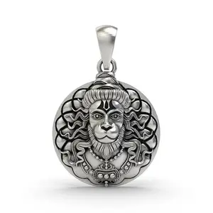 CRAFTWELL CW Engraved Oxidised Hanuman Pendant for Men & Women | 3D Silver Finish Religious Hindu Pendant with Chain | Handcrafted Finish Amulet for Spiritual Strength and Protection | Durable and Stylish Design Bajrangbali Locket