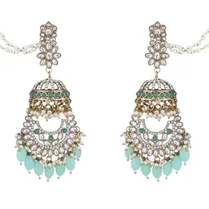 I Jewels Gold Plated Traditional Kundan & Pearl Dangle Jhumka Earrings With Attachable Ear Chain For Women (Sky Blue)