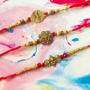 Traditional Hindu Rakhi Set with Om Symbol, Ganesha Design, Gold-Toned Beads and Red Thread, Pack of 3
