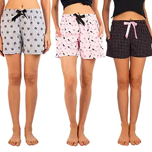 NITE FLITE Women's 100% Cotton Printed Shorts (Pack of 3,Polka Dots & Date Night & Drama Queen) Multicolour