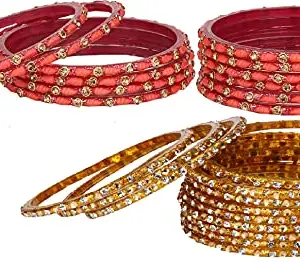 Colorful Glass Bangle/Kada Set Combo Ornamented With Colourful Chips & Beads_G333 (AkBang2-ADE1.a_bang)