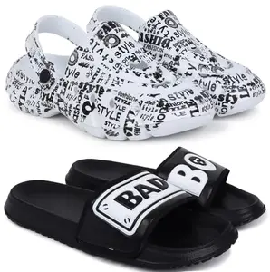 Pampy Angel Combo Pack of 2 Slipper/Flip Flops/Slides/Clogs/Sandals with Adjustable Back Strap for Men,(Cl-A-Style-White,Badboy-Black),7 (UK/India)