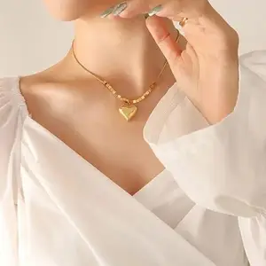 Gold-Plated Heart Pendant Necklace with Cube Beads, Snake Chain, Fashion Jewellery for Women