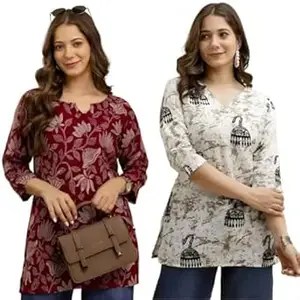 MS VHCK ENTERPRISE Women's Cotton Printed Short Kurti, Round Neck, Three Quarter Sleeve, Straight Fit, Pack of 2