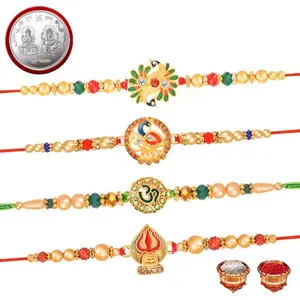 De Marquis 4 Designer Rakhi + 1 Pooja Coin Gift Set for Brother, Mauli Thread Rakhi, Chawal Roli Pack, Greeting Card Set (4 Multicolor RAKHI set in different design with Roli and chawal)