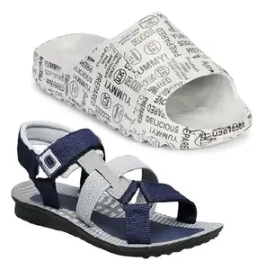 Liboni Mens Comfort Flip- Flops, Grey Hawaii Slippers & Blue Sandals Combo Pack of 2 (7)