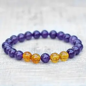 LKBEADS Natural Amethyst & Citrine 8mm Round Shape Smooth Cut Beads 65 inch Stretchable Bracelet for Men & Women|STBR_RR_00466_65