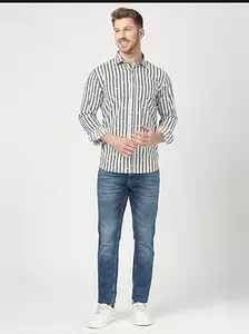 British Finishing Grey Striped Cotton Full Sleeves Casual Shirt for Men II Premium Cotton Shirt II Stylish Shirt for Men II Latest Men Casual Shirt (XX-Large, Grey-White)