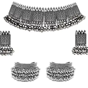 Total Fashion Latest Stylish Boho Trible Silver Oxidised Choker Necklace Jewellery Set Women for Girls