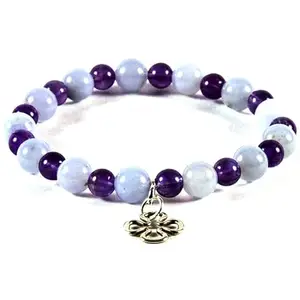 RRJEWELZ Natural Amethyst & Blue Chalcedony Round Shape Smooth Cut 6-8mm Beads 7.5 inch Stretchable Bracelet for Healing, Meditation, Prosperity, Good Luck | STBR_00458