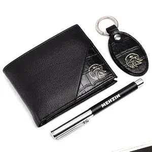 MEHZIN Men Formal Black Artificial Leather Wallet,Key Ring & Pen 3Pcs Combo Gift Set (5 Card Slots) Style-181