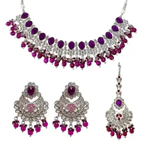 ACCESSHER Silver Toned American Diamond Stone Studded Necklace With Earring Jewellery Set For Women and Girl (Purple)