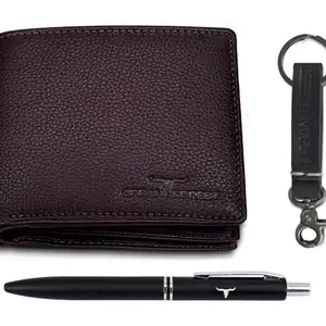 URBAN FOREST Weasley Brown Leather Wallet, Keyring & Pen Combo Gift Set for Men