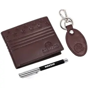 MEHZIN Men Formal Brown Genuine Leather RFID Wallet,Key Ring & Pen 3Pcs Combo Gift Set (8 Card Slots) Style-166